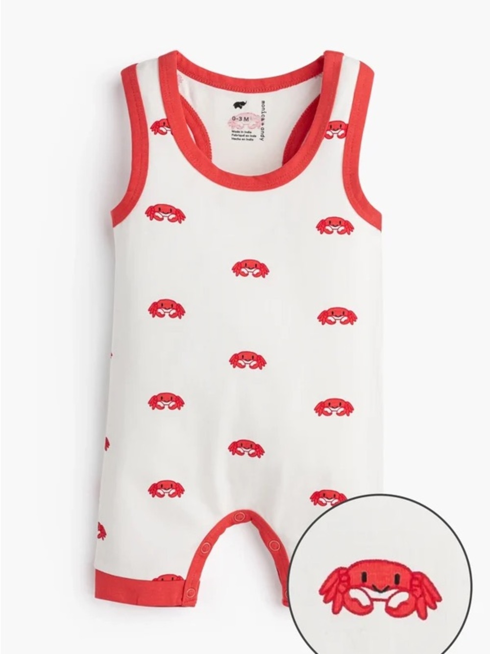 Sleeveless Crab Print Romper - White with Red Trim